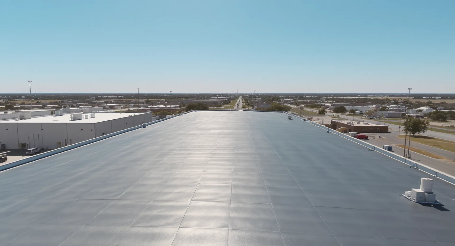 Aerial view of a commercial TPO roof field under a wide Texas Panhandle sky